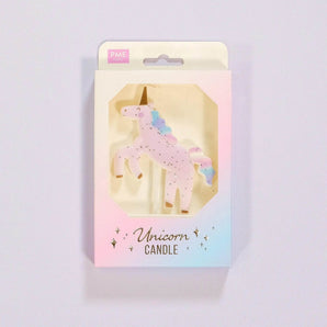 Crumbs & Doilies Unicorn Candle in pastel packaging, featuring a prancing unicorn cake topper candle, approx 10cm.